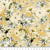 Australian Indigenous Flannel flower on a Goldy cream coloured cotton fabric, flowers are represented as buds cone flowers and fully open stems of green brown with pale yellow gold centres