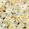 Australian Indigenous Flannel flower on a Goldy cream coloured cotton fabric, flowers are represented as buds cone flowers and fully open stems of green brown with pale yellow gold centres