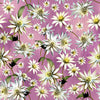 Australian Indigenous Flannel flower on a Pinkey Purple cotton fabric, flowers are represented as buds cone flowers and fully open stems of green brown with pale yellow gold centres