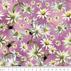 Australian Indigenous Flannel flower on a Pinkey Purple cotton fabric, flowers are represented as buds cone flowers and fully open stems of green brown with pale yellow gold centres