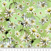 Australian Indigenous Flannel flower on a pale Lime Green coloured cotton fabric, flowers are represented as buds cone flowers and fully open stems of green brown with pale yellow gold centres