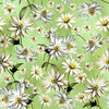 Australian Indigenous Flannel flower on a pale Lime Green coloured cotton fabric, flowers are represented as buds cone flowers and fully open stems of green brown with pale yellow gold centres