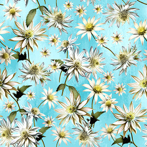 Australian Indigenous Flannel flower on a teal blue cotton fabric, flowers are represented as buds cone flowers and fully open stems of green brown with pale yellow gold centres