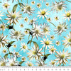 Australian Indigenous Flannel flower on a teal blue cotton fabric, flowers are represented as buds cone flowers and fully open stems of green brown with pale yellow gold centres