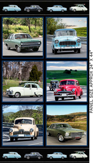 Panel of Holden Classic cars in colours of red black blue green cream salmon each car in a separate background scenery in tree lined greens