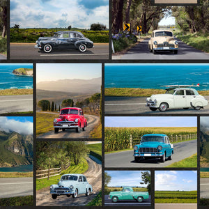 Holden classic cars featured in various squares with a outdoor scenery cars are coloured red green blue black cream backgrounds are of the sea paddocks of wheat tree lined road, mountain background