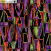 in the theme of Picaso varying triangle shapes coloured in tonings of purple yellow gold red green black KK Fabrics