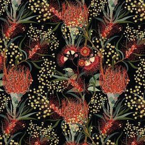 Indigenous Australian Native red yellow pink green coloured Flowers on Black cotton  fabric DV6350 