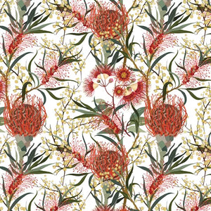 Indigenous Australian Native red yellow pink green coloured Flowers on White cotton  fabric DV6350 