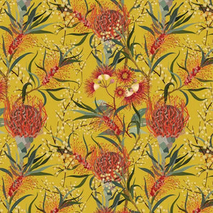 Indigenous Australian Native red yellow pink green coloured Flowers on Yellow Mustard cotton  fabric DV6350 