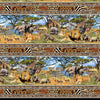 African Safari Animals Elephants Giraffe Lion Hippopotamus Rhinoceros Zebra Jaguar Cheetah Eland Gazelle on a striped border fabric coloured in browns blues greens blacks with trees of green skies of blue